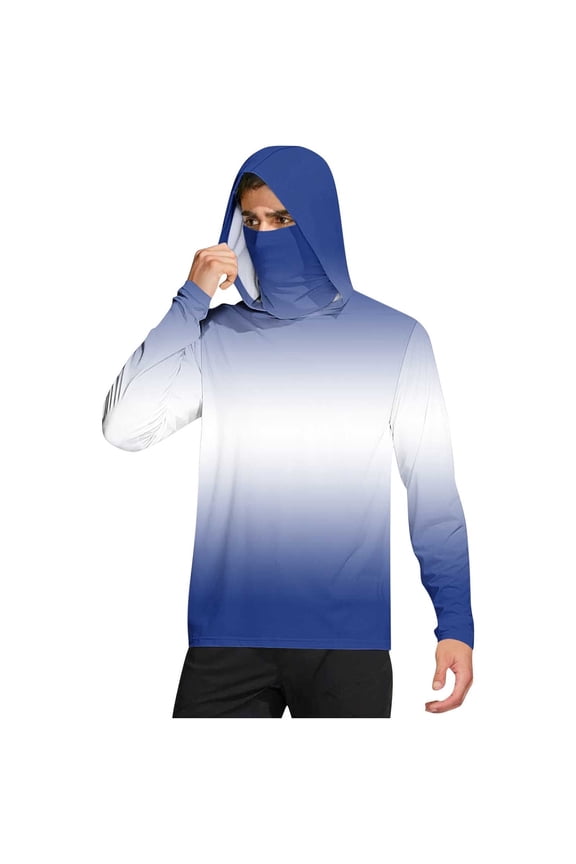 Mens Pullover Tops with Face Neck Mask Hoodie Long Sleeves Cooling Sun Protection Gradient Breathable Lightweight Summer Shirts Blue