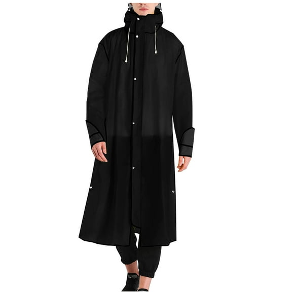 Xfvqtps Mens Raincoat with Hooded and Brim Long Reusable Adjustable Drawstring Zipper and Button Waterproof Hiking Fishing Camping Cycling Translucent Rain Jackets EVA Rain Poncho Black