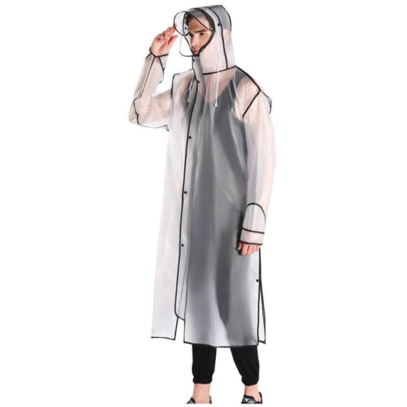 Xfvqtps Mens Raincoat with Hooded and Brim Long Reusable Adjustable Drawstring Zipper and Button Waterproof Hiking Fishing Camping Cycling Translucent Rain Jackets EVA Rain Poncho White