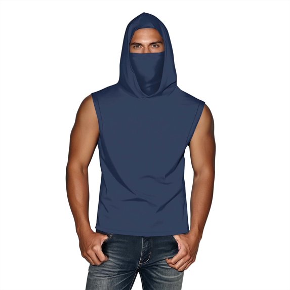 Xfvqtps Mens Sleeveless Tops with Face Neck Mask Hoodie Pullover Cooling Sun Protection Solid Color Breathable Lightweight Summer Shirts Dark Blue