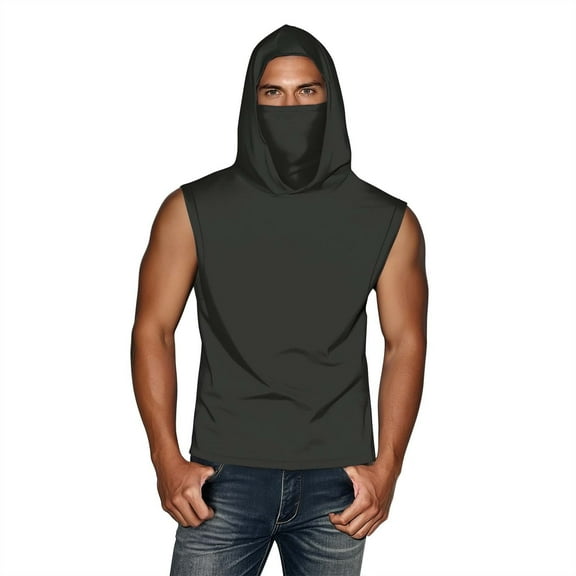 Xfvqtps Mens Sleeveless Tops with Face Neck Mask Hoodie Pullover Cooling Sun Protection Solid Color Breathable Lightweight Summer Shirts Dark Gray