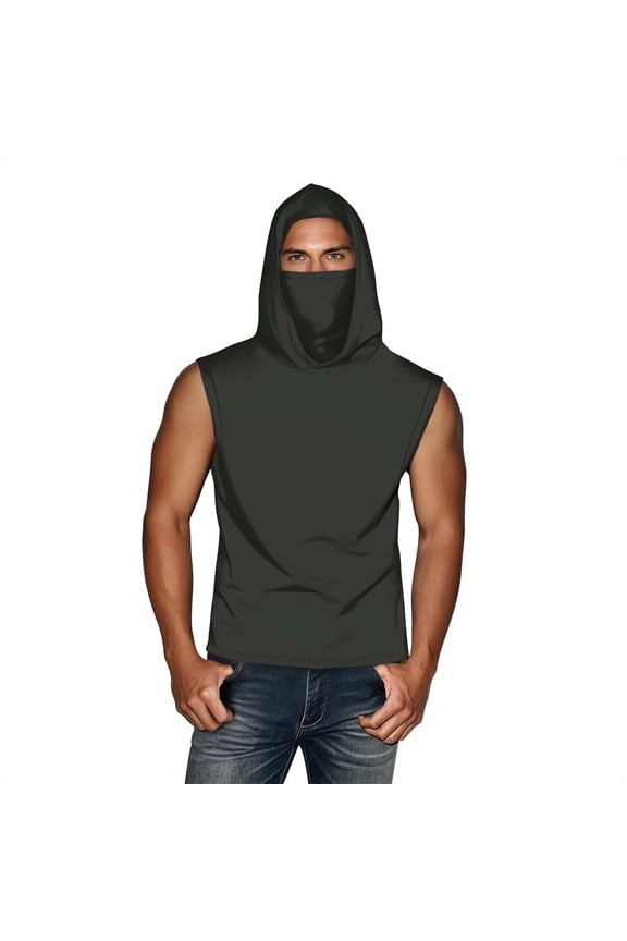 Mens Sleeveless Tops with Face Neck Mask Hoodie Pullover Cooling Sun Protection Solid Color Breathable Lightweight Summer Shirts Dark Gray