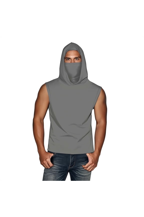 Mens Sleeveless Tops with Face Neck Mask Hoodie Pullover Cooling Sun Protection Solid Color Breathable Lightweight Summer Shirts Gray