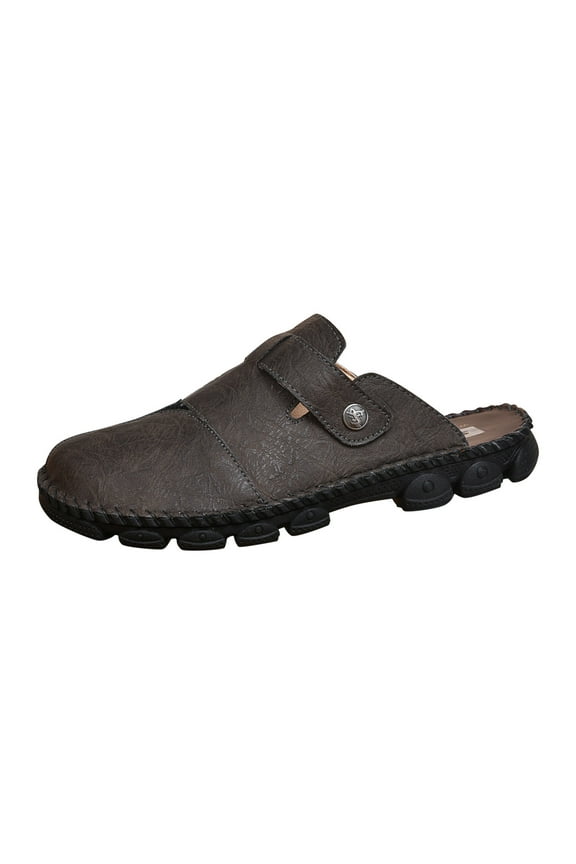 Mens Slide Sandals Closed Toe Leather Thick Sole Summer Outdoor Casual Walking Shoes Dark Gray