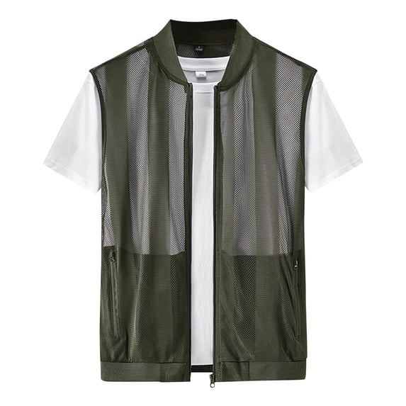 Xfvqtps Mens Summer Breathable Mesh Filament Sun Protection Clothing Outdoor Fishing Inner Pocket Tank Coat Army Green