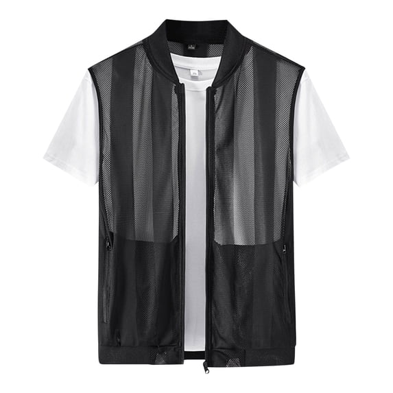 Xfvqtps Mens Summer Breathable Mesh Filament Sun Protection Clothing Outdoor Fishing Inner Pocket Tank Coat Black