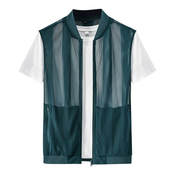 Xfvqtps Mens Summer Breathable Mesh Filament Sun Protection Clothing Outdoor Fishing Inner Pocket Tank Coat Blue
