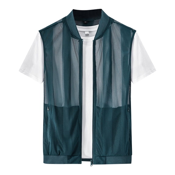 Xfvqtps Mens Summer Breathable Mesh Filament Sun Protection Clothing Outdoor Fishing Inner Pocket Tank Coat Blue