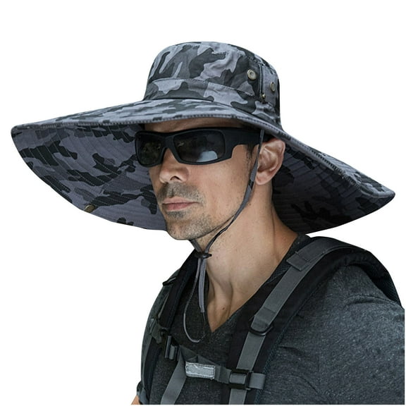 Xfvqtps Mens Sun Hats Camouflage Adjustable Drawstring Large Brim Sunscreen Breathable Waterproof Outdoor Multi Functional Hiking Camping Fisherman Hat Dark Gray-01