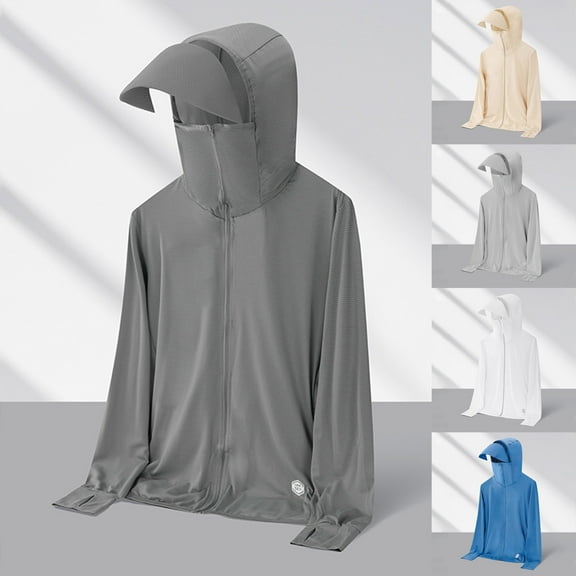 Xfvqtps Mens Sun Protection UPF50  Light Jacket Hoodie with Wide Brim Zip up Long Sleeve with Thumb Hole Solid Color Fishing Hiking Athletic Running Lightweight Breathable Summer Top Dark Gray