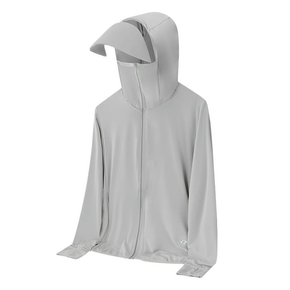 Xfvqtps Mens Sun Protection UPF50+ Light Jacket Hoodie with Wide Brim Zip up Long Sleeve with Thumb Hole Solid Color Fishing Hiking Athletic Running Lightweight Breathable Summer Top Gray