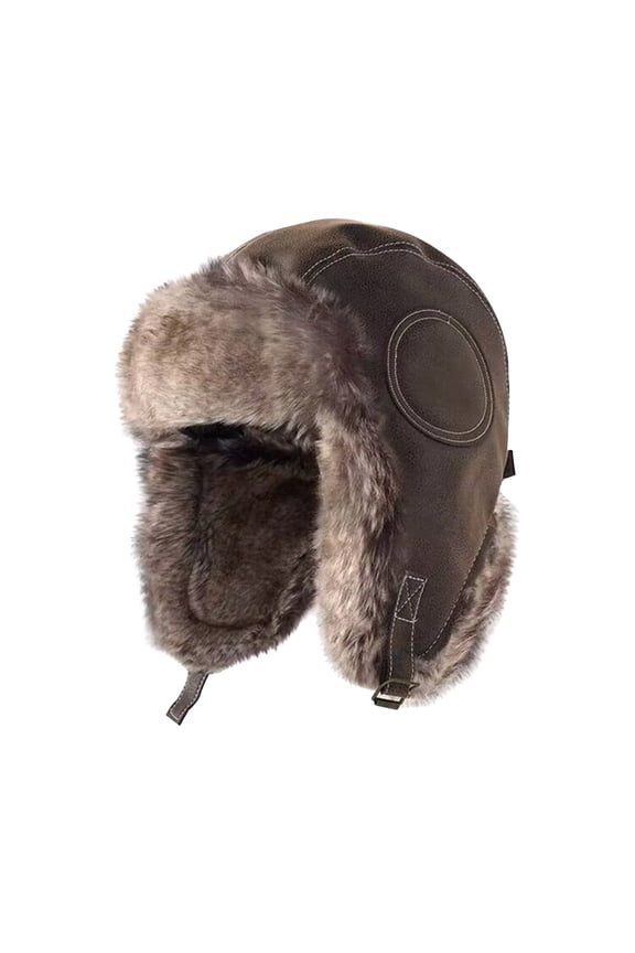 Mens Trapper Hat Ear Protection Leather Plush Lining Adjustable Strap Thickened Windproof Coldproof Outdoor Sports Skiing Motorcycle Hats Coffee