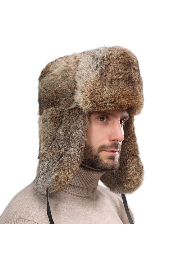 Mens Trapper Hat with Ear Flap Artificial Fur Windproof Coldproof Warm Thickened Camping Hunting Fall Winter Fluffy Plush Hat Brown