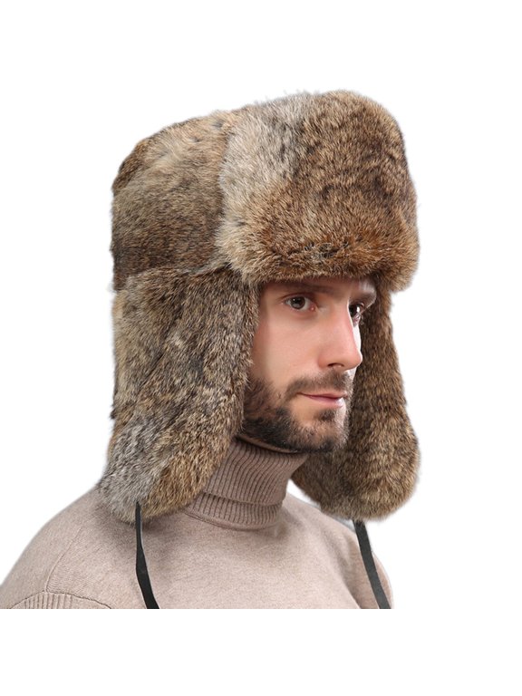 Mens Trapper Hat with Ear Flap Artificial Fur Windproof Coldproof Warm Thickened Camping Hunting Fall Winter Fluffy Plush Hat Brown