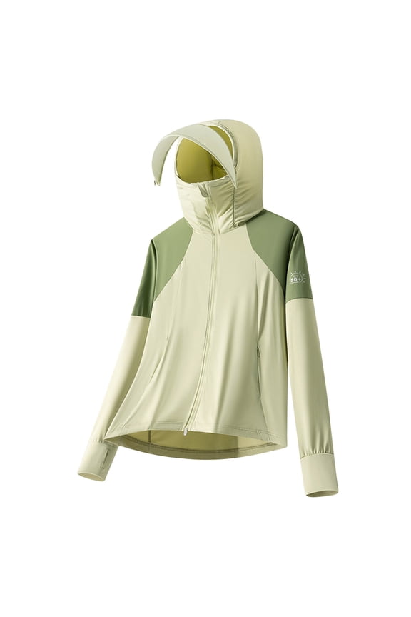 Mens UPF 50+ Ice Silk Jacket Cooling Sun Protection Hoodie Detachable Brim Zipper Long Sleeve with Thumb Hole Summer Coat for Fishing Hiking Athletic Running Green