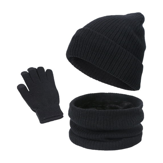 Xfvqtps Mens and Womens 3 Piece Sets Hat Scarf and Mittens Knitted Fleece Lining Solid Color Simplicity Windproof Coldproof Warm Fall Winter Beanie Scarf and Glove 3PCS Outfits Set Black