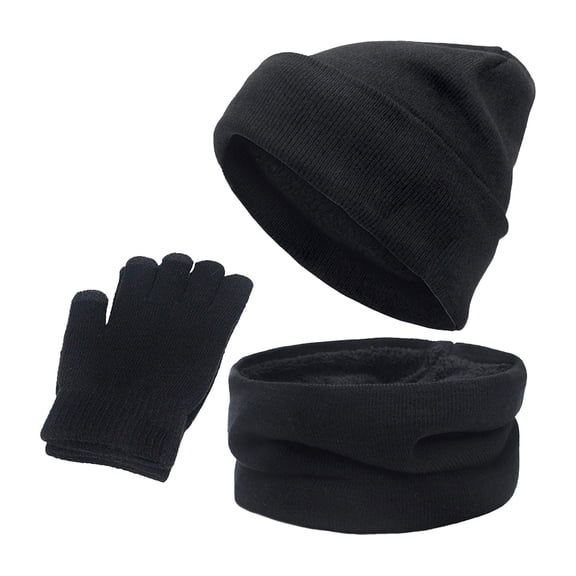 Xfvqtps Mens and Womens 3 Piece Sets Hat Scarf and Mittens Knitted Fleece Lining Solid Color Simplicity Windproof Coldproof Warm Fall Winter Beanie Scarf and Glove 3PCS Outfits Set Black
