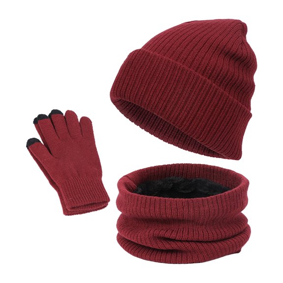 Xfvqtps Mens and Womens 3 Piece Sets Hat Scarf and Mittens Knitted Fleece Lining Solid Color Simplicity Windproof Coldproof Warm Fall Winter Beanie Scarf and Glove 3PCS Outfits Set Red