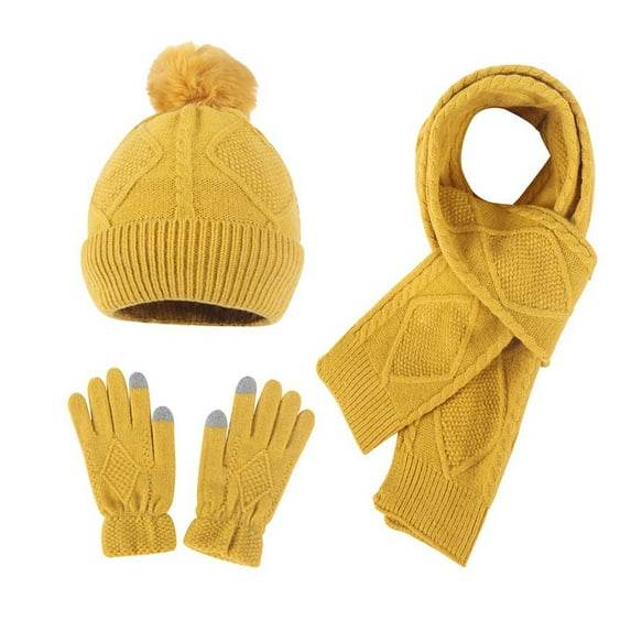 Xfvqtps Mens and Womens 3 Piece Sets Hat Scarf and Mittens Knitted Fuzzy Pompom Solid Color Simplicity Windproof Coldproof Warm Fall Winter Beanie Scarf and Glove 3PCS Outfits Set Yellow