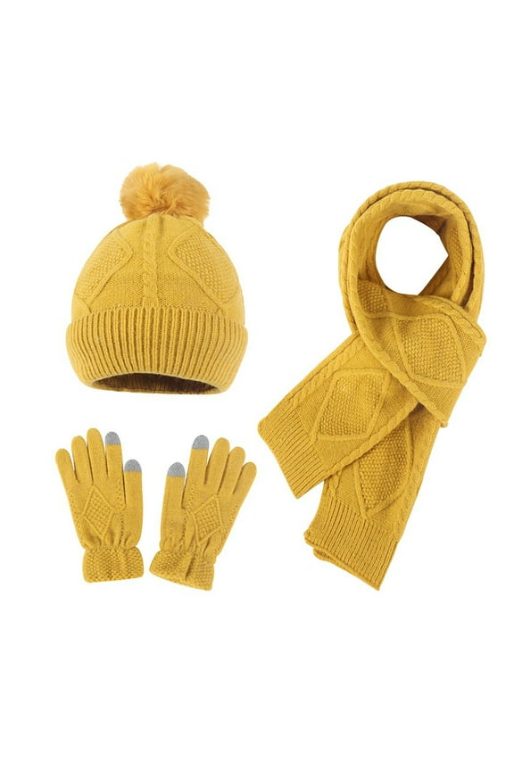 Mens and Womens 3 Piece Sets Hat Scarf and Mittens Knitted Fuzzy Pompom Solid Color Simplicity Windproof Coldproof Warm Fall Winter Beanie Scarf and Glove 3PCS Outfits Set Yellow