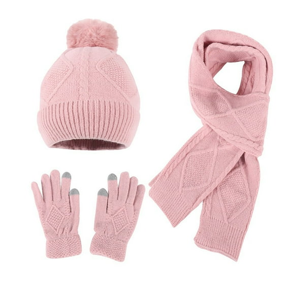 Xfvqtps Mens and Womens 3 Piece Sets Hat Scarf and Mittens Knitted Fuzzy Pompom Solid Color Simplicity Windproof Coldproof Warm Fall Winter Beanie Scarf and Glove 3PCS Outfits Set Pink