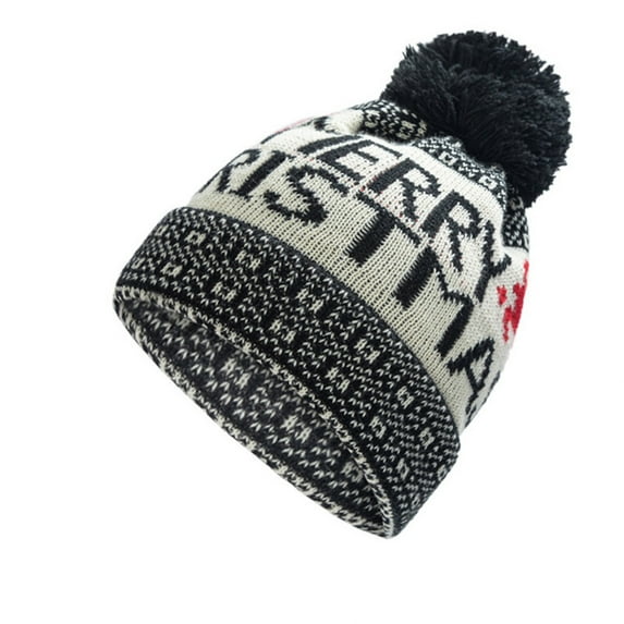 Xfvqtps Mens and Womens Beanie with Plush Pompom Christmas Print Knitted Multicolored Thickened Stretch Windproof Coldproof Outdoor Warm Winter Hat Black