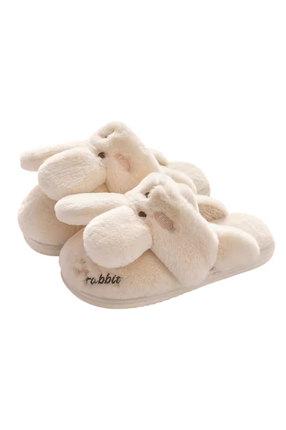 Mens and Womens Couple Furry Slippers Fluffy Plush Little White Rabbit and Big Bad Wolf Memory Foam Thick Bottom Soft Sole Comfortable Non-Slip Warm Winter Home Slippers White-05