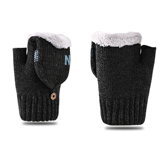 Xfvqtps Mens and Womens Fingerless Gloves with Flip Cover Knitting Plush Lining Solid Color Simplicity Windproof Warm for Cold Weather Winter Mittens Black