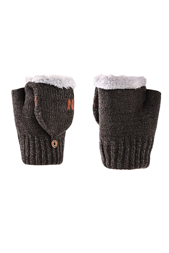 Mens and Womens Fingerless Gloves with Flip Cover Knitting Plush Lining Solid Color Simplicity Windproof Warm for Cold Weather Winter Mittens Dark Gray