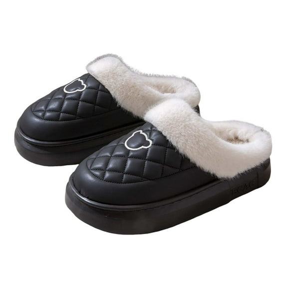 Xfvqtps Mens and Womens Fuzzy Slippers Slip on Leather Uppers Plush Edge Cute Bear Thickened Thick Bottom Non Slip Outdoor and Indoor Warm Winter Cozy Plush Slippers Black