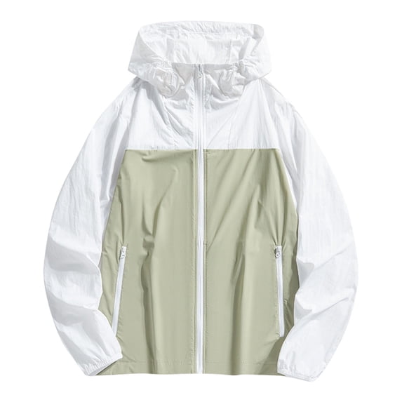 Xfvqtps Mens and Womens Light Jacket Hoodie Color Block Zipper Long Sleeves Waterproof Breathable Sun Protection Summer Shirts UV for Outdoor Hiking Green