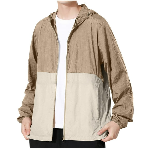 Xfvqtps Mens and Womens Light Jacket Hoodie Color Block Zipper Long Sleeves Waterproof Breathable Sun Protection Summer Shirts UV for Outdoor Hiking Khaki
