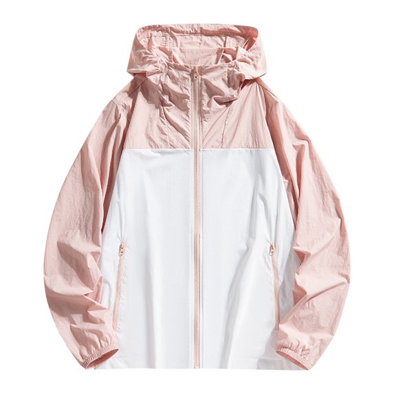 Xfvqtps Mens and Womens Light Jacket Hoodie Color Block Zipper Long Sleeves Waterproof Breathable Sun Protection Summer Shirts UV for Outdoor Hiking Pink