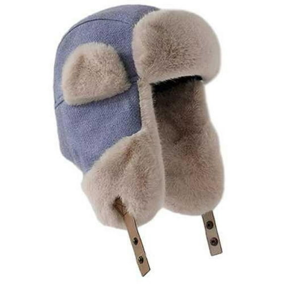 Xfvqtps Mens and Womens Trapper Hat with Ear Flap Buckle Plush Brim Windproof Coldproof Warm Thickened Camping Hunting Fall Winter Fluffy Plush Hat Blue