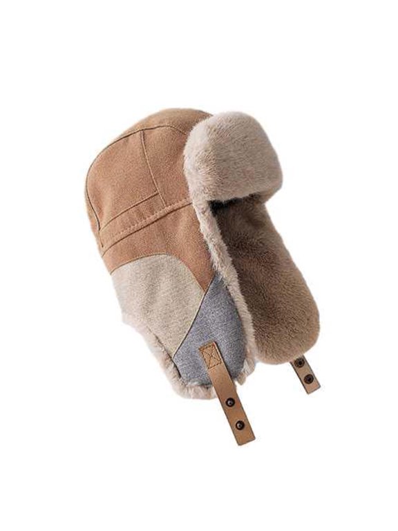 Mens and Womens Trapper Hat with Ear Flap Buckle Plush Brim Windproof Coldproof Warm Thickened Camping Hunting Fall Winter Fluffy Plush Hat Khaki