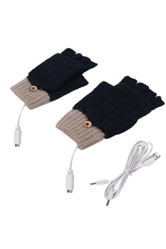 Mens and Womens USB Heated Fingerless Gloves with Flip Cover Knitting Constant Temperature Color Blocking Windproof Warm for Cold Weather Winter Mittens Black