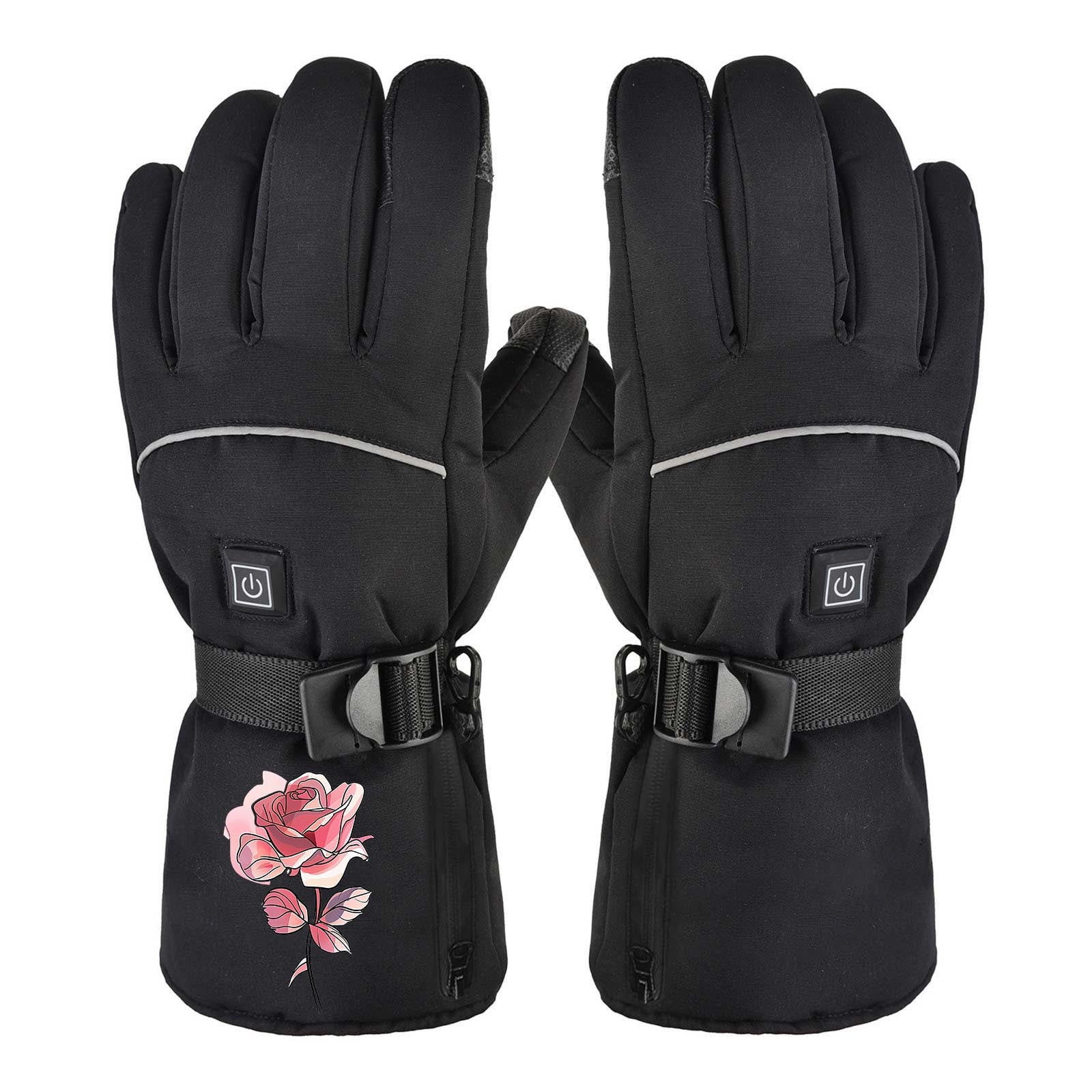 Xfvqtps Mens and Womens USB Heated Gloves 3Rd Gear Temperature Regulation Full Finger Adjustable Buckle Cute Print Waterproof Warm for Cold Weather Winter Skiing Mittens Black