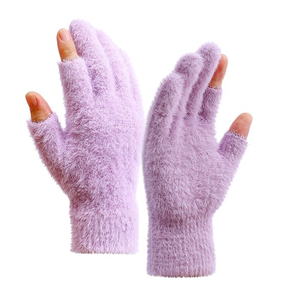 Xfvqtps Mens and Womens Coral Fleece Gloves Furry Solid Color Touchscreen Index Finger & Thumb Fingerless Warm Winter Plush Mittens Purple