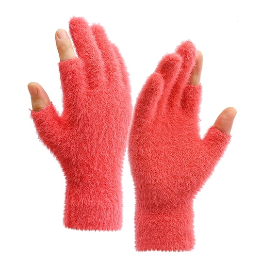 Xfvqtps Mens and Womens Coral Fleece Gloves Furry Solid Color Touchscreen Index Finger & Thumb Fingerless Warm Winter Plush Mittens Red