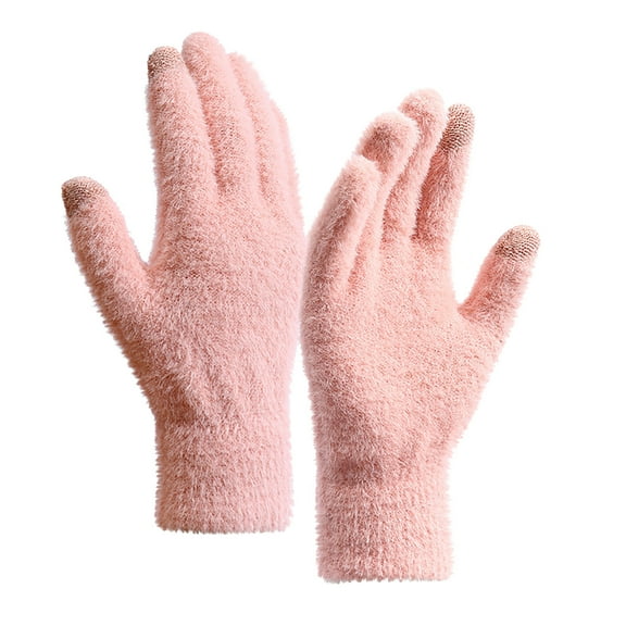 Xfvqtps Mens and Womens Coral Fleece Gloves Furry Solid Color Touchscreen Thickened Windproof Warm Winter Plush Mittens Pink