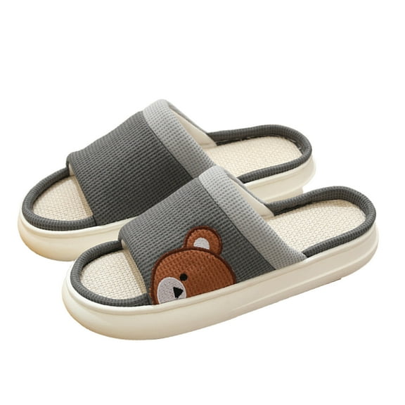 Xfvqtps Mens and Womens Couple Flax Slippers Cute Bear Memory Foam Thick Bottom Soft Sole Comfortable Non-Slip Warm Winter Cotton Slippers Gray