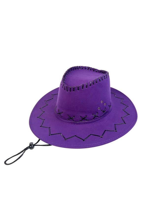 Mens and Womens Cowboy Hat Adjustable Strap Wide Brim Sun Shading Vintage Western Ethnic Style Suede Outback Hat Purple