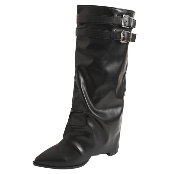 Xfvqtps Mid Calf Boots for Women Fold over Pointed Toe Chunky Mid Heel Double Buckle Strap Faux Leather Tall Boots