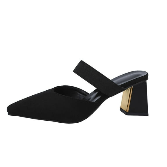 Xfvqtps Mules for Women Heeled Sandals Chunky High Heel Pointy Toe Suede Solid Color Elastic Casual Pumps Black