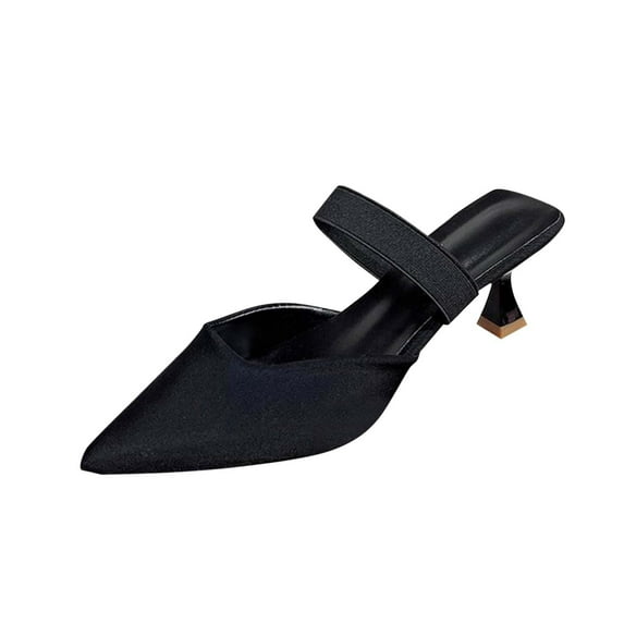 Xfvqtps Mules for Women Kitten Heels Pointy Toe Elastic Strap Slide Solid Color Backless Pumps Black