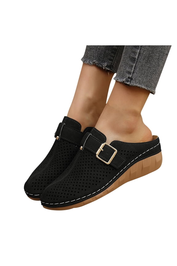 Mules for Women Slide Closed Toe Hollow out Buckle Decor Soft Sole Non Slip Comfortable Breathable Summer Walking Wedge Sandals Black