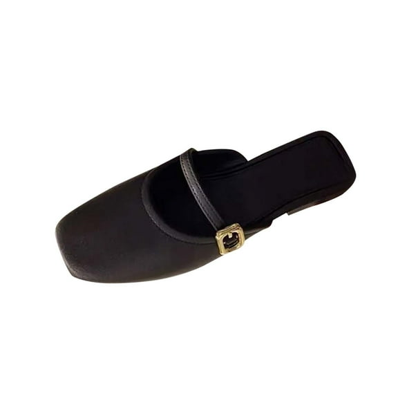 Xfvqtps Mules for Women Slide Sandals Flat Buckle Strap Close Square Toe Fashion Casual Sandals Black