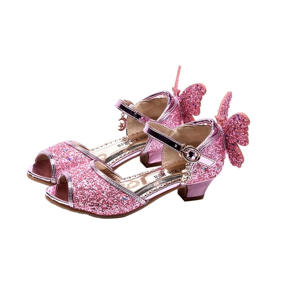 Xfvqtps New Kids Girls Dress Shoes Chunky Low Heels Ankle Buckle Peep Toe Sequins Butterfly Rhinestone Star Moon Pendant Glitter Ballet Performance Wedding Party Mary Jane Princess Shoes Pink
