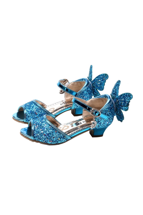 New Kids Girls Dress Shoes Chunky Low Heels Ankle Buckle Peep Toe Sequins Butterfly Rhinestone Star Moon Pendant Glitter Ballet Performance Wedding Party Mary Jane Princess Shoes Blue