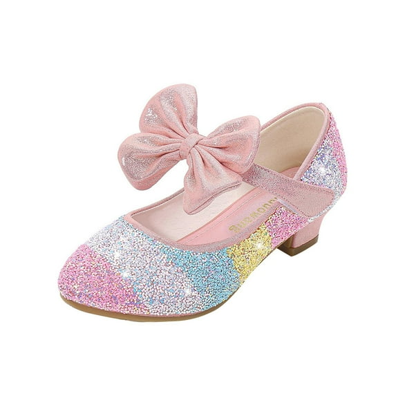 Xfvqtps Kids Girls Dress Shoes Chunky Low Heels Hook and Loop Sequins Bow Color Block Colorful Glitter Sparkling Ballet Performance Casual Wedding Party Mary Jane Princess Shoes Pink